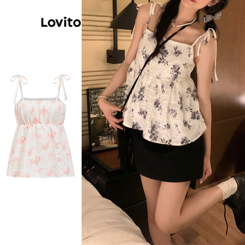 Lovito Casual Regata Feminina Plissada Amarra Estampa Ditsy Floral