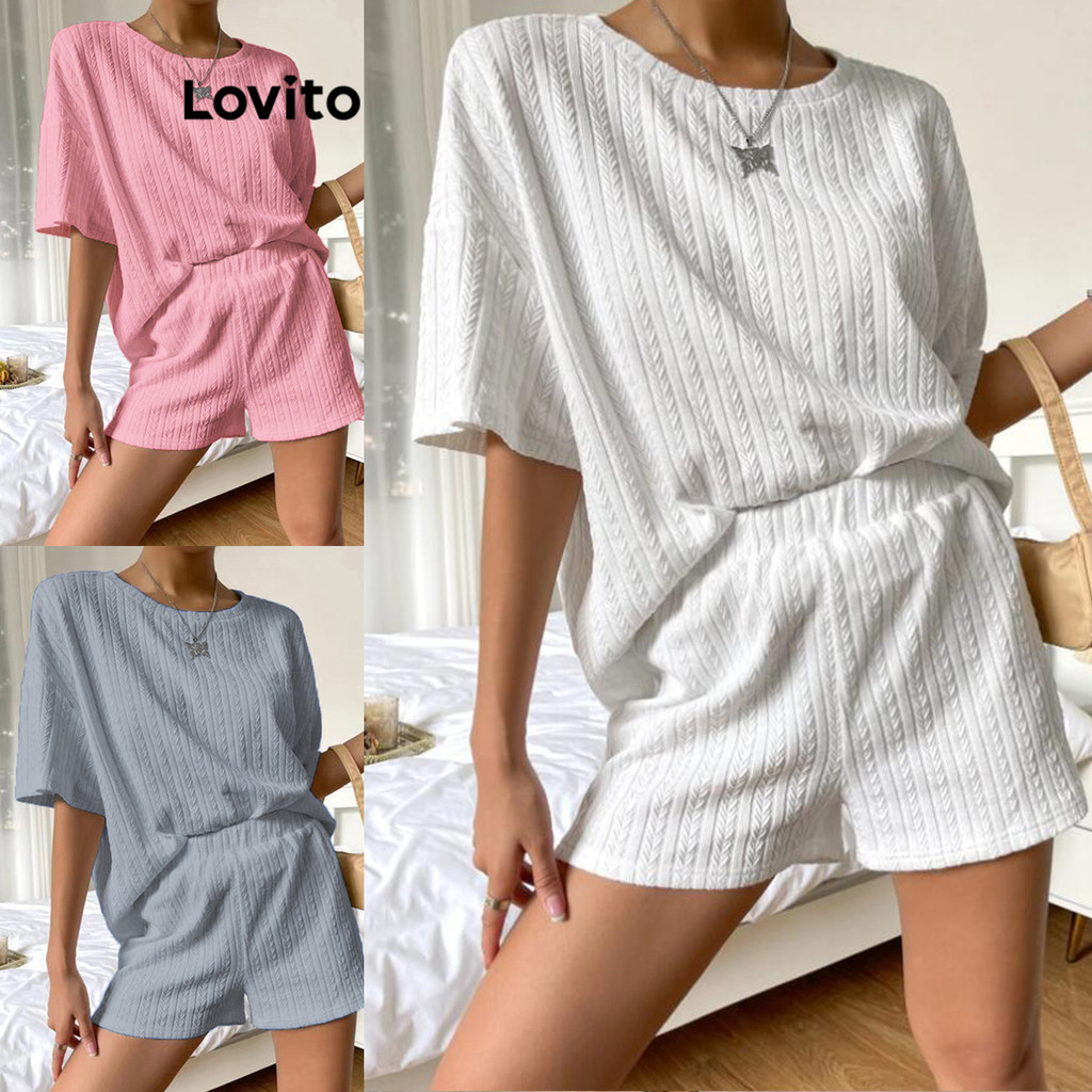 Lovito Casual Conjunto Feminino Short Liso De Tecido Texturizado