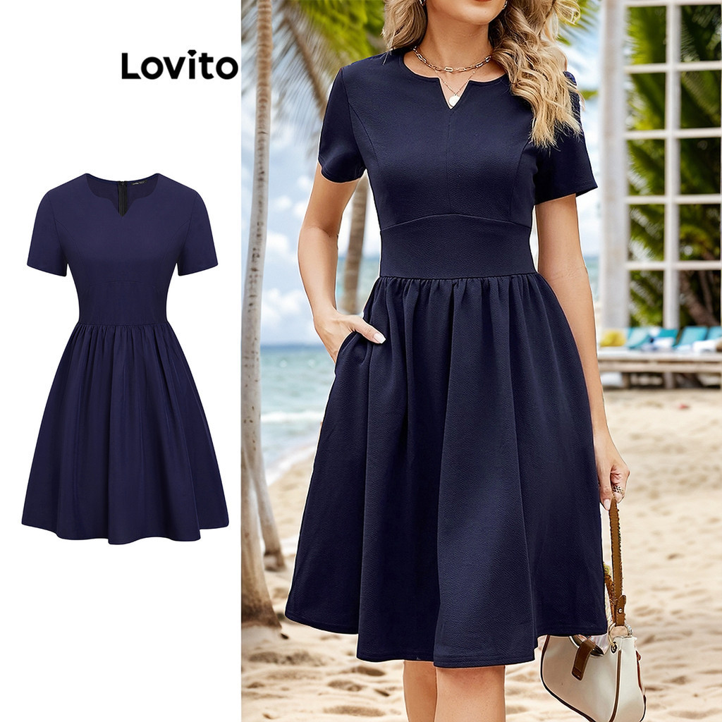 Lovito Elegante Vestido Feminino Liso Plissado L Ed Shopee Brasil