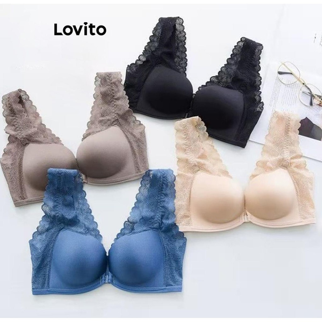 Lovito Bralette básico casual botão liso na frente para mulheres