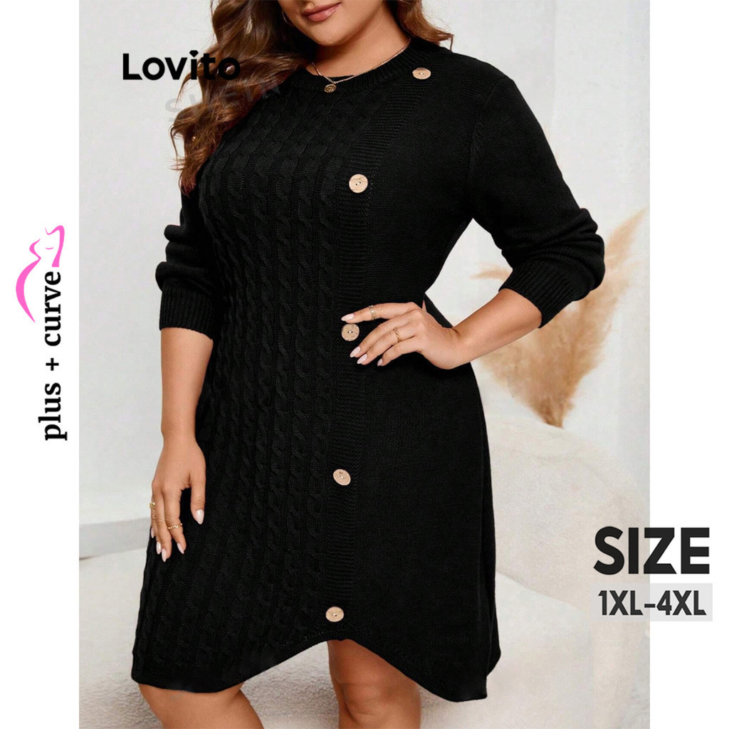 Lovito Vestido Assim Trico Casual Plus Size Curvo O Liso Para