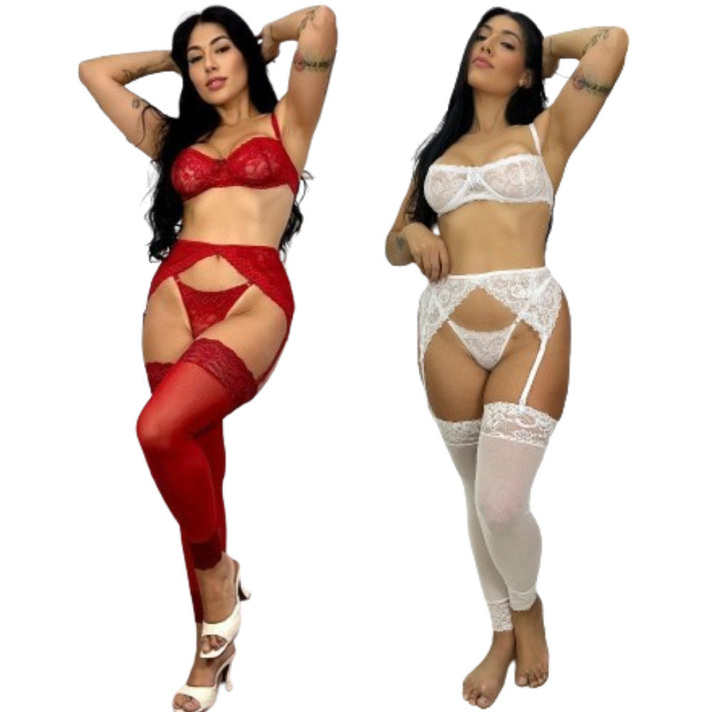 Kit Conjunto De Calcinha E Sutiã Sexy Feminino Cinta Liga Lingerie