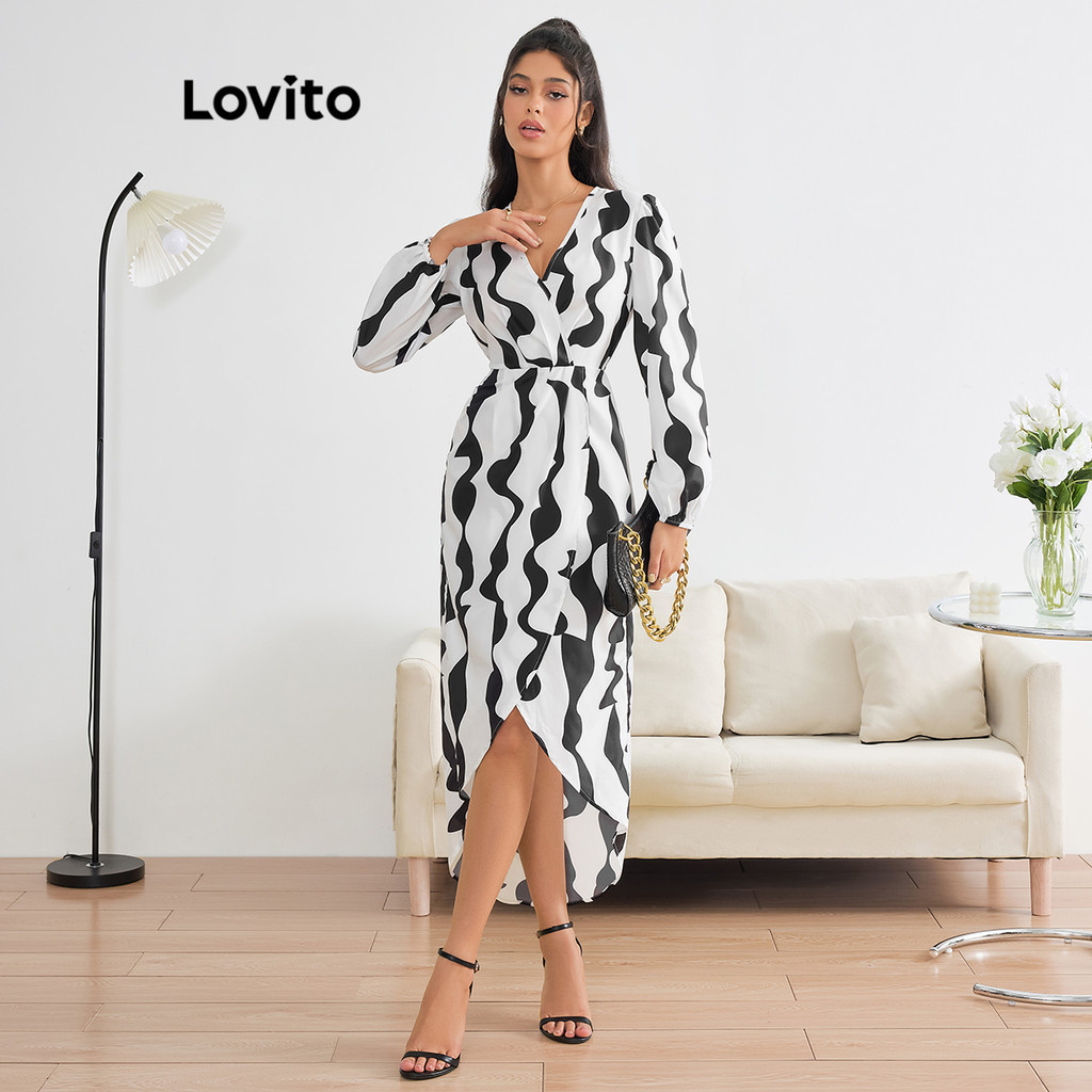 Lovito Vestido elegante geométrico renda e manga bispo para