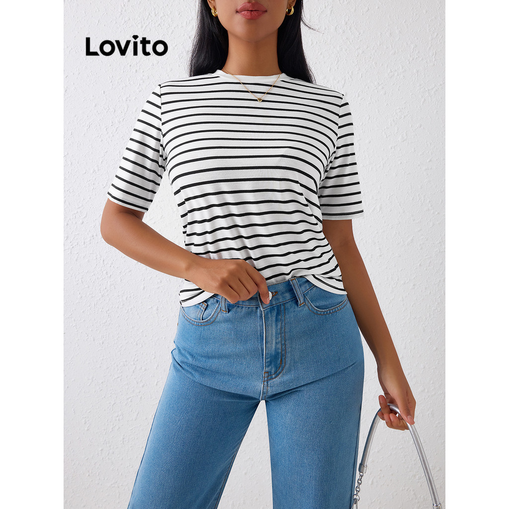 Lovito Camiseta Feminina Casual Listrada Em Malha Canelada Lbl