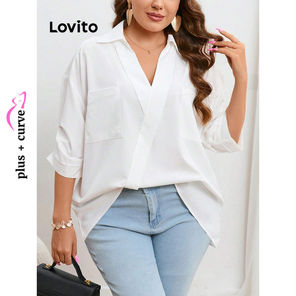 Lovito Blusa Plus Size Elegante Bolso Liso Para Mulheres LBL13284