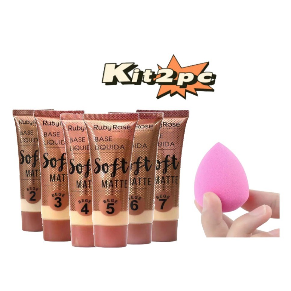 KIT Base Líquida Soft Matte Bege Ruby Rose HB8050 1PC Esponjas Faciais