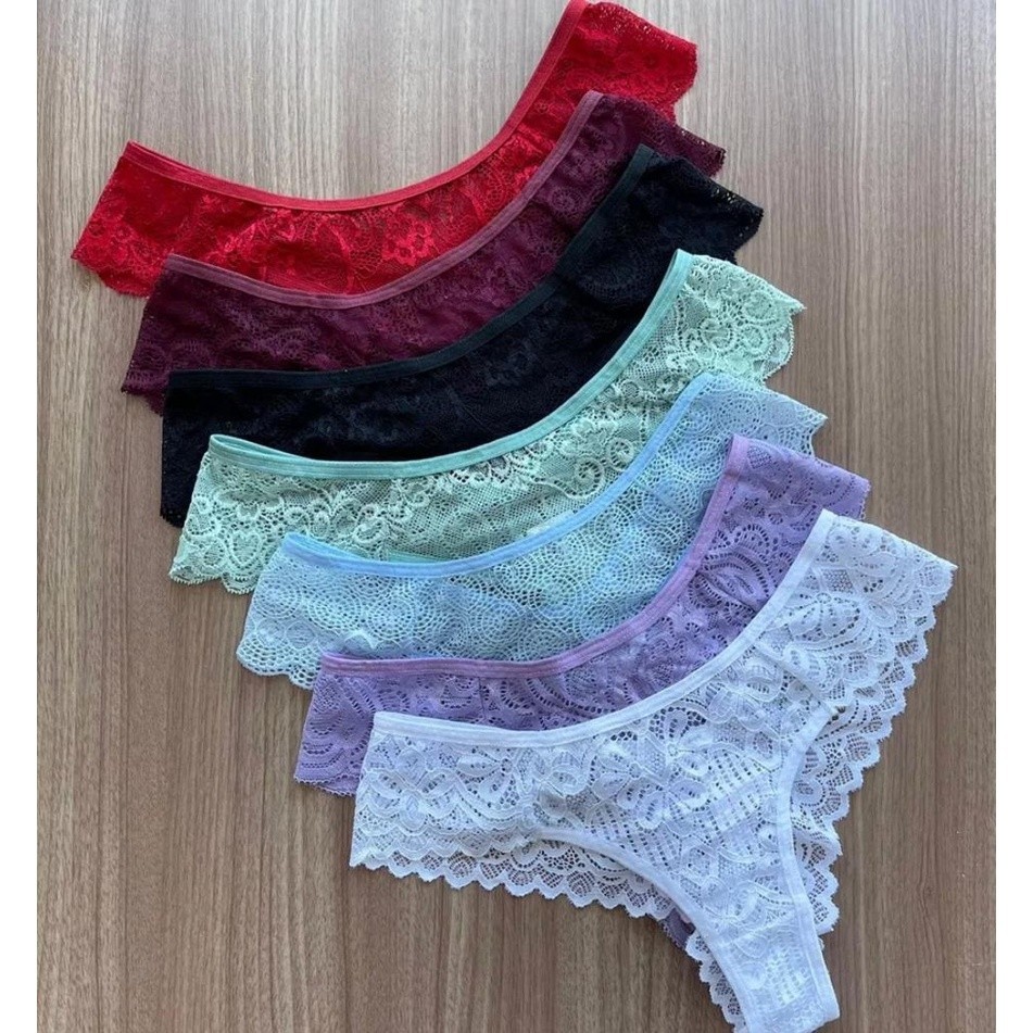 Kit 3 Calcinhas De Renda Fio Dental Sexy Lingerie Feminina Moda