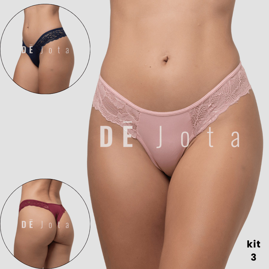 Kit 3 Calcinha Tanga Renda Lateral Feminina Lingerie Rendada