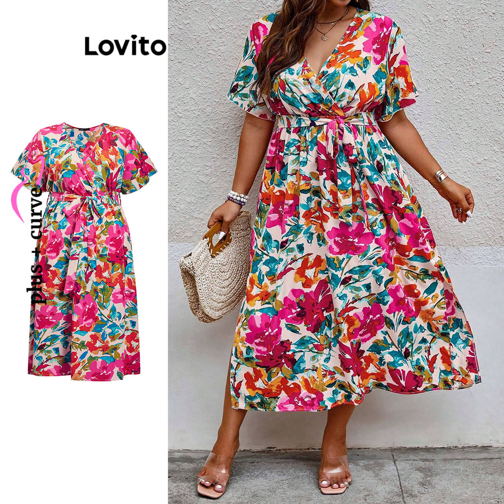 Lovito Vestido Plus Size Curvo Casual Tropical Cinto Franzido