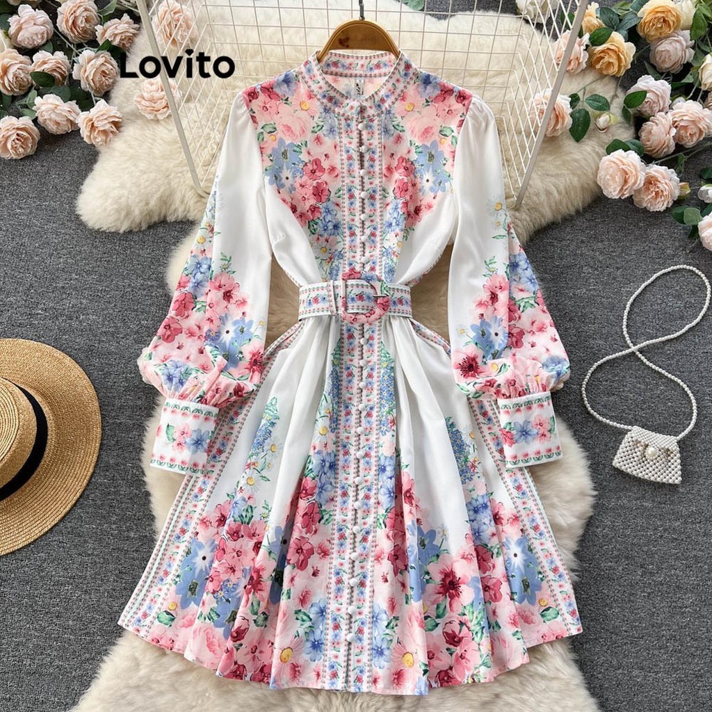 Lovito Vestido Elegante Floral Cinto E O Para Mulheres Lnl