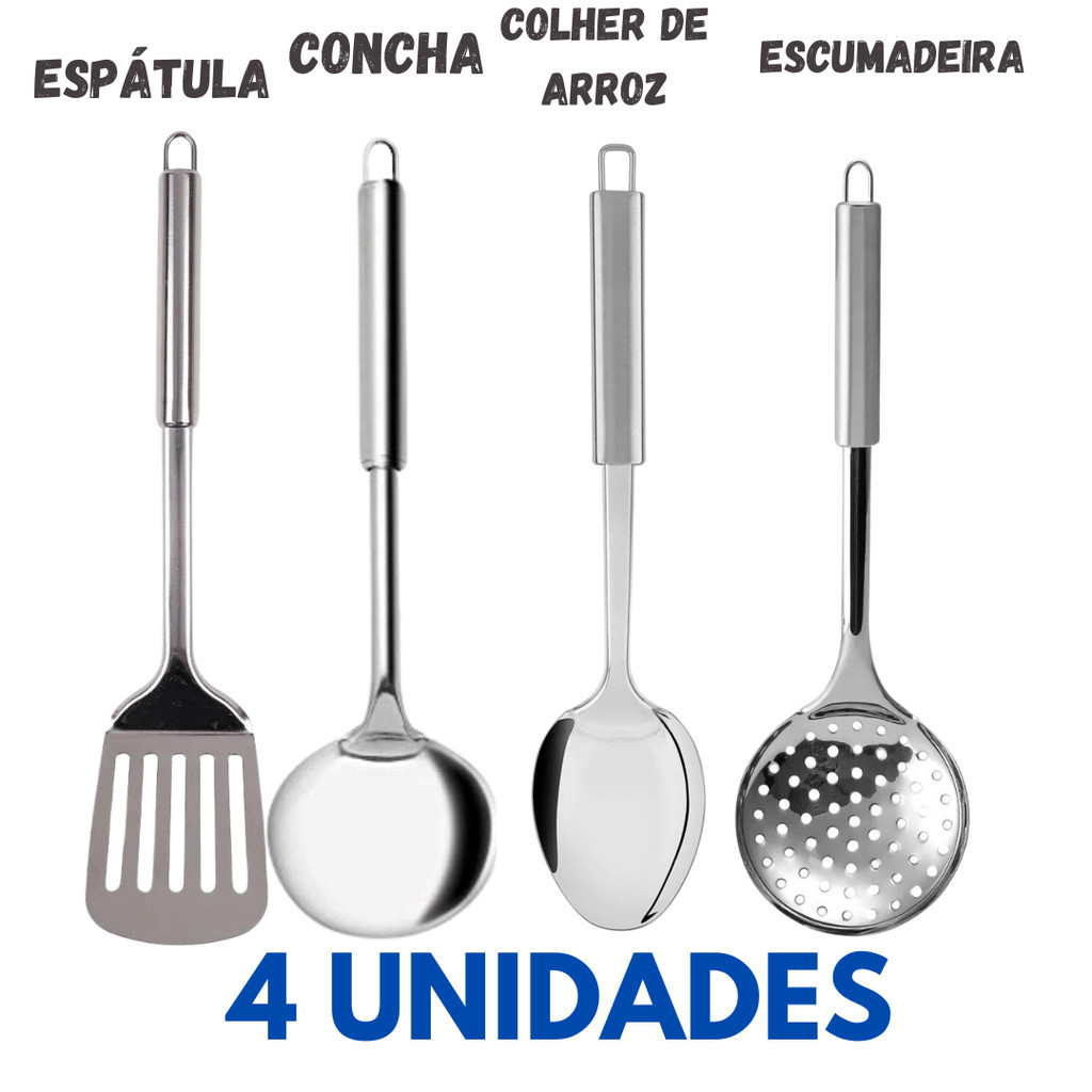 Kit 6 Utensílios de Cozinha em Aço Inox Escumadeira 33cm Concha 32cm