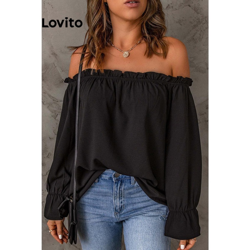 Lovito Blusa Casual Lisa Babados De Ombro Frio Para Mulheres