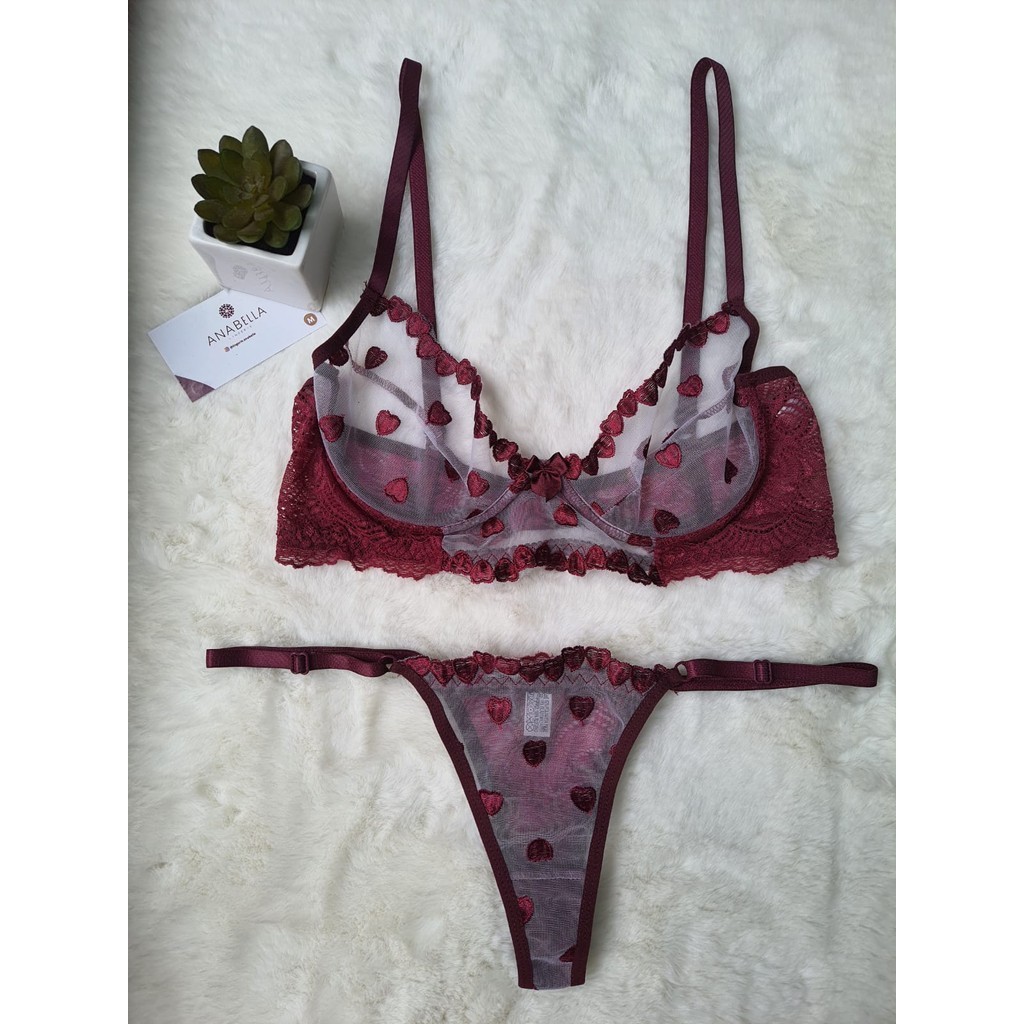 Conjunto lingerie sutiã calcinha fio tule transparente coração bordado