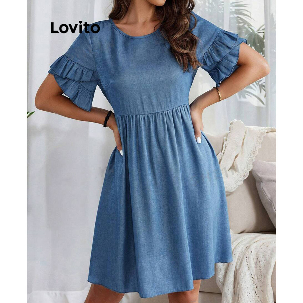 Lovito Vestido Casual Simples Babados Para Mulheres Lnl