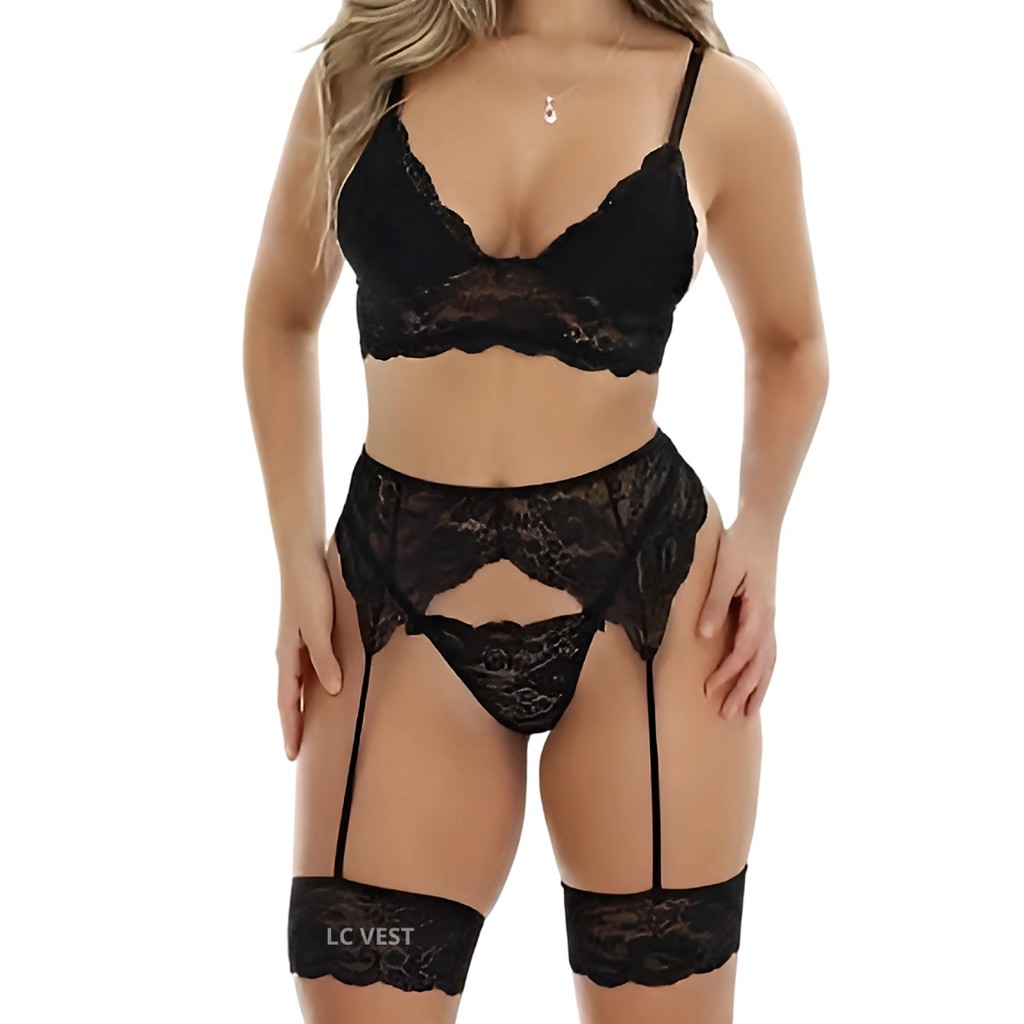 Conjunto Lingerie Sexy Cinta Liga Kit 3 Peças Feminino em Renda