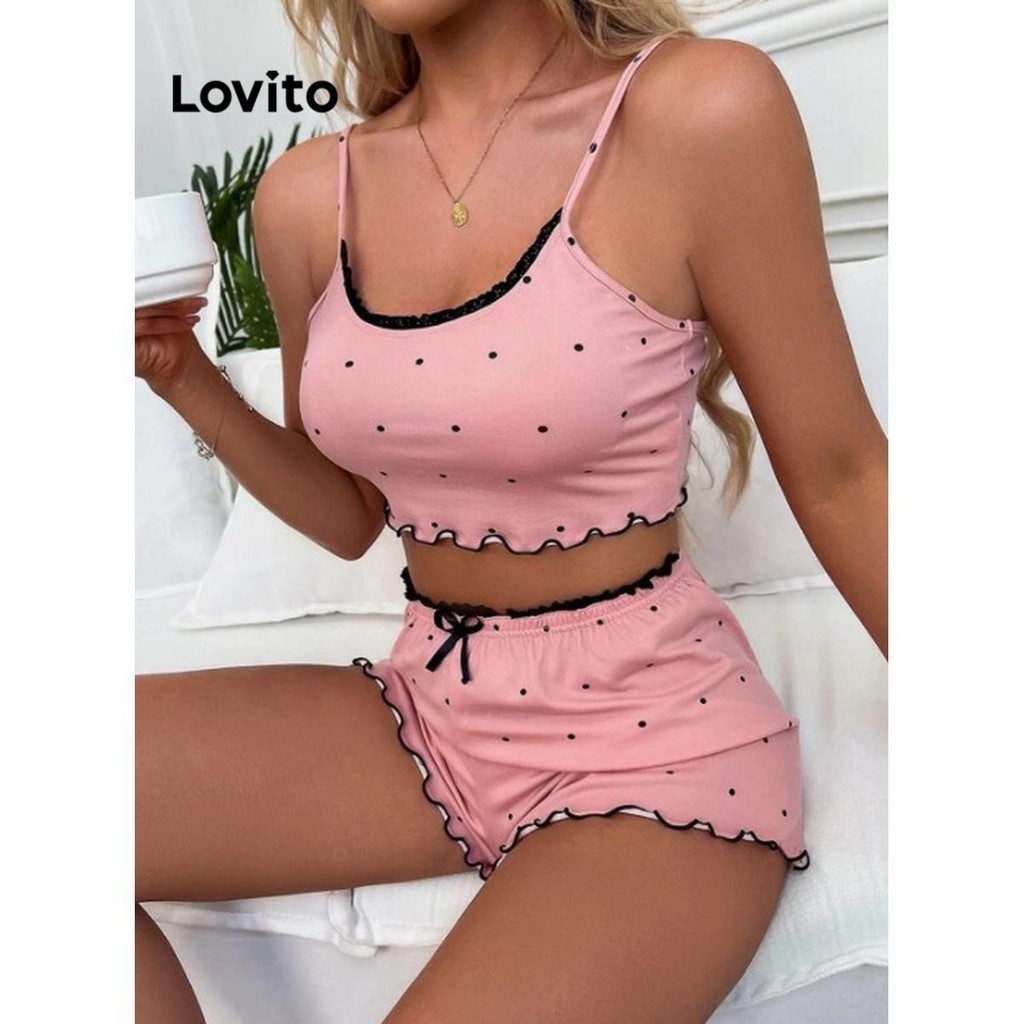 Lovito Conjuntos De Pijama Casual Feminino Bolinhas E Renda Frontal