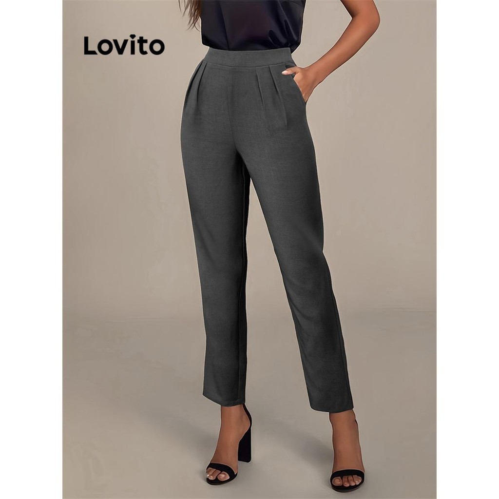 Lovito Calças plissadas lisas casuais para mulheres LNE70120 Shopee