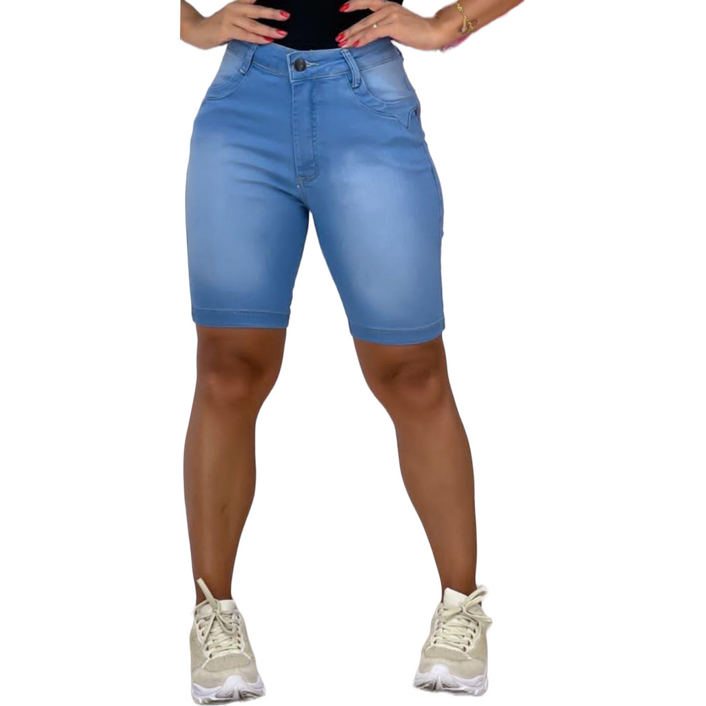 Bermuda Feminina Jeans Meia Coxa Cintura Alta Levanta Bumbum Lycra