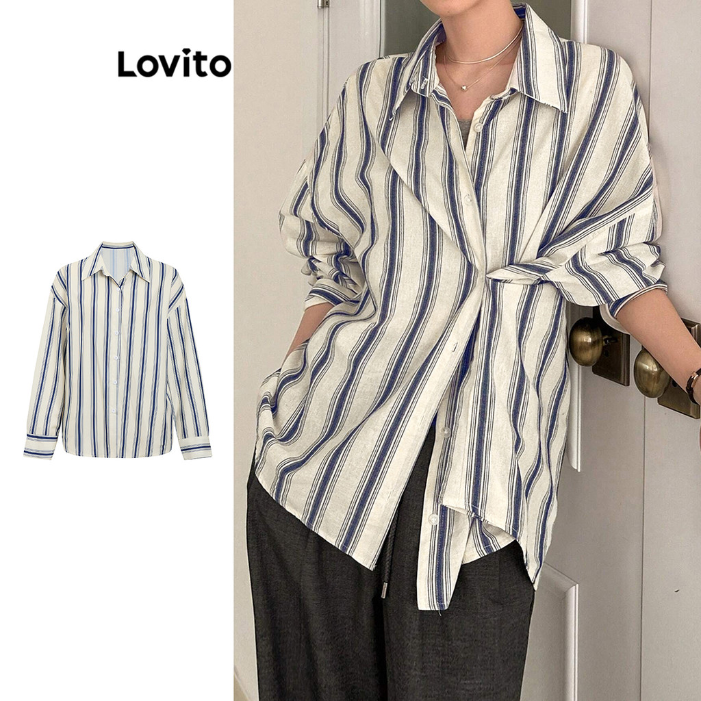 Lovito Blusa elegante listrada botões na frente e costura de tecido