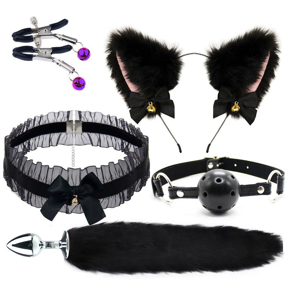 5PCS BDSM Kits Metal Fox Tail Anal Plug Gag Clip Plush Orelha De Pelúcia Jogo De Para Adultos