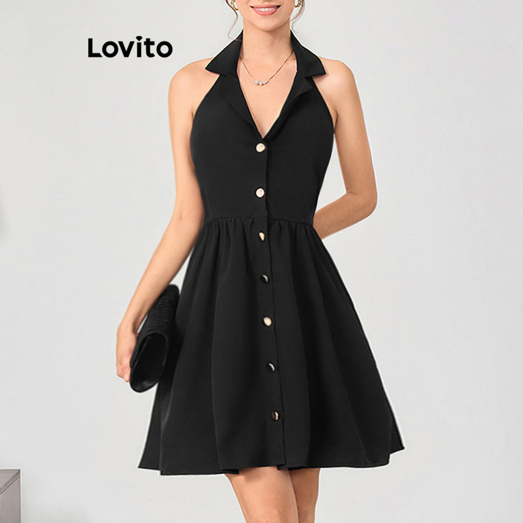 Lovito Vestido elegante botões lisos para mulheres LBL15114