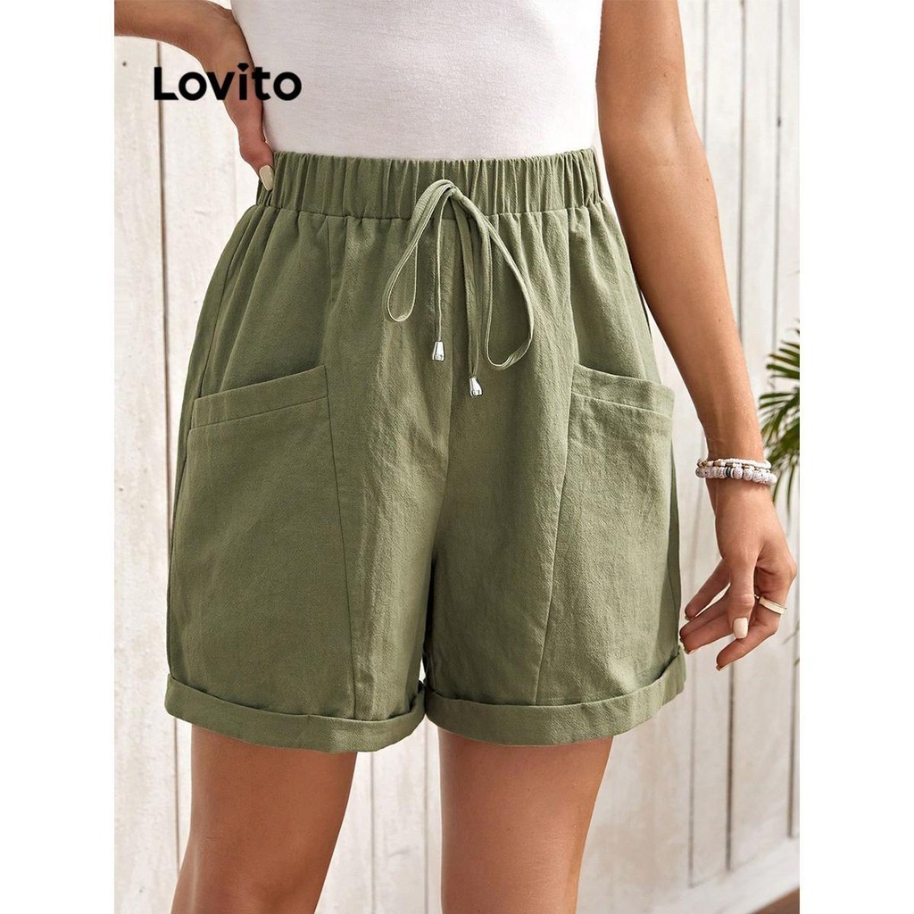 Lovito Shorts Plissados Casuais Lisos Renda Para Mulheres Lne