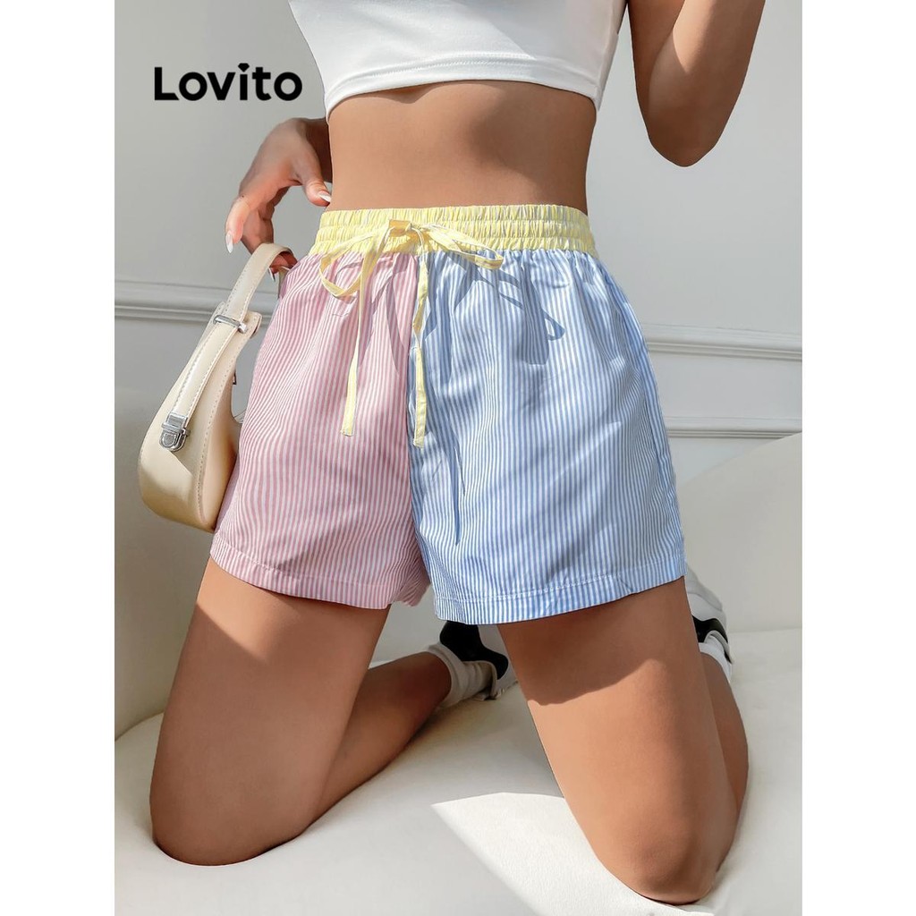 Lovito Shorts casuais listrados colorblock cordões para mulheres