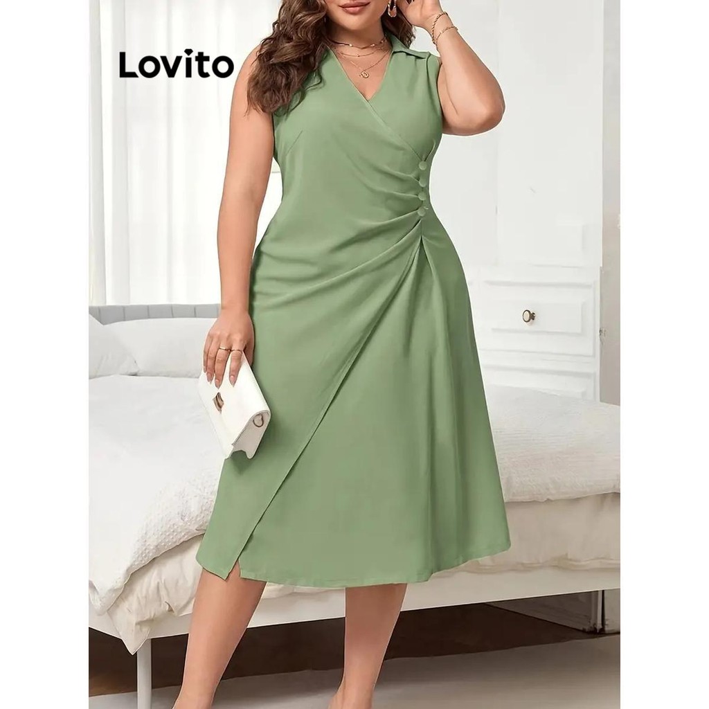 Lovito Vestido Plus Size Curvo Casual Liso Plissado Assim Trico Para