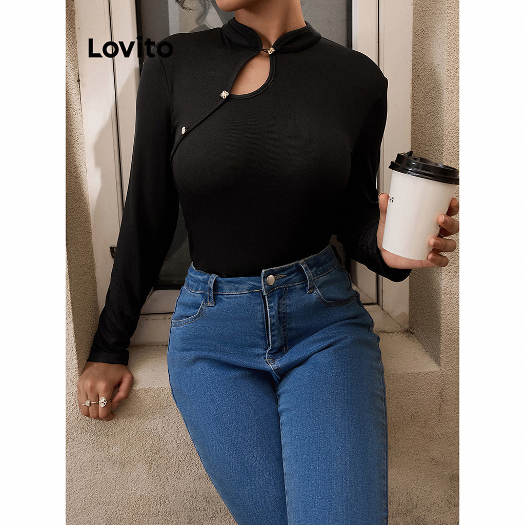 Lovito Camiseta Feminina Casual De Malha Canelada Lisa Recorte