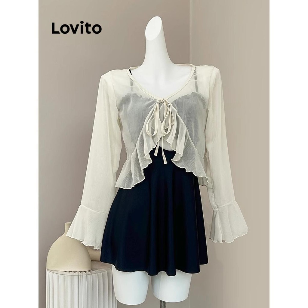 Lovito Quimono Feminino Elegante Babados Lisos E Bainha Frontal