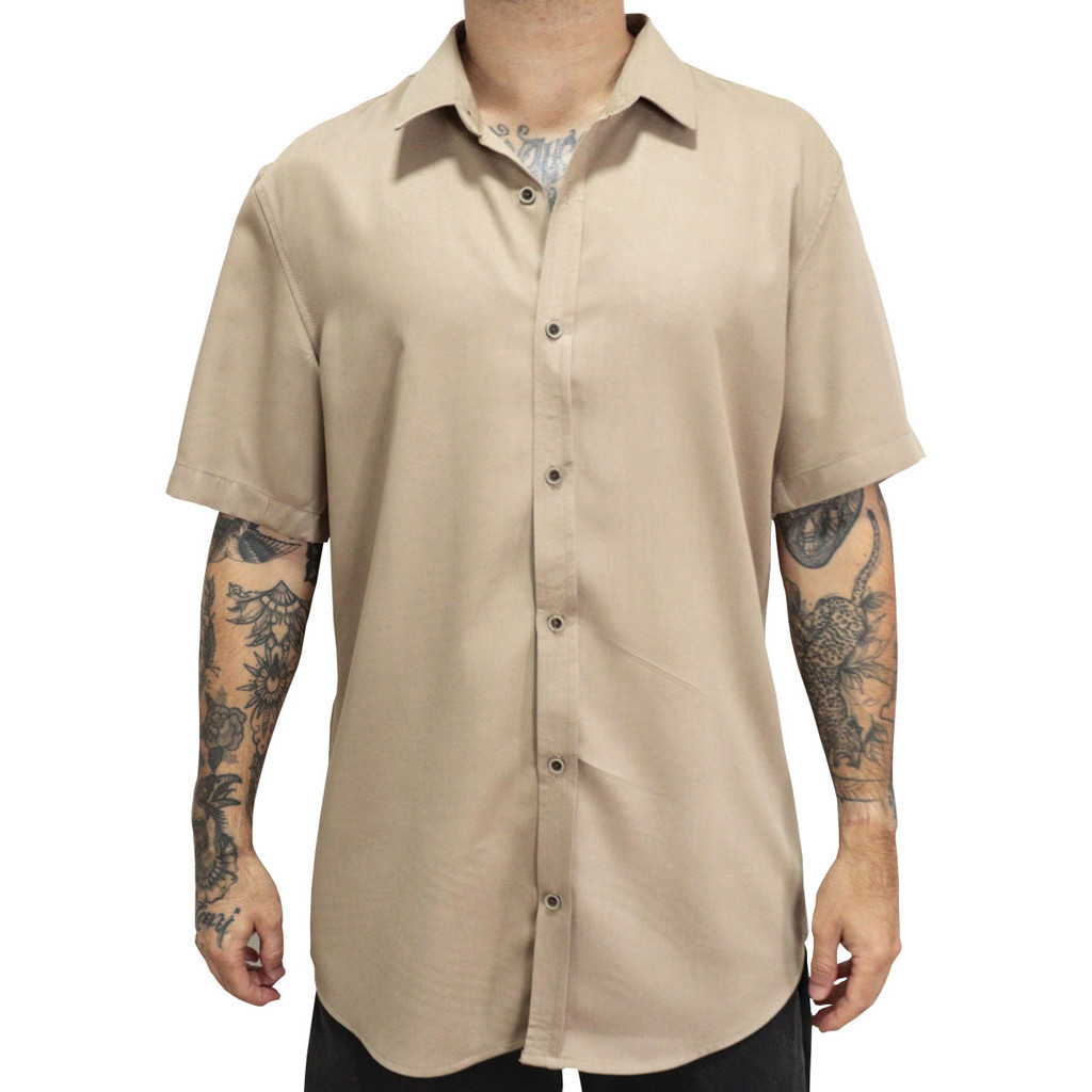 Camisa Masculina Viscose Manga Curta Social Bege Shopee Brasil