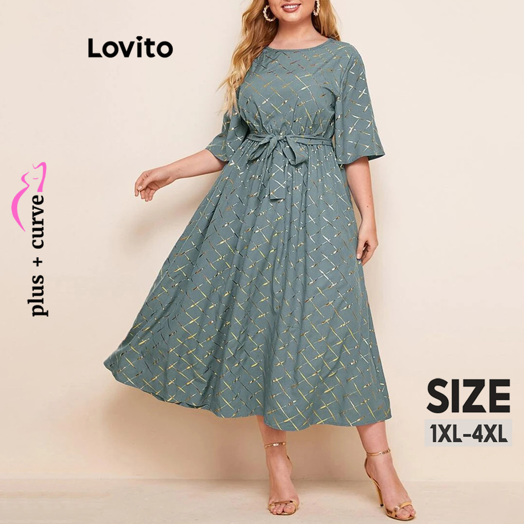 Lovito Vestido Plus Size Curvo Elegante Geom Trico Cinto Padr O