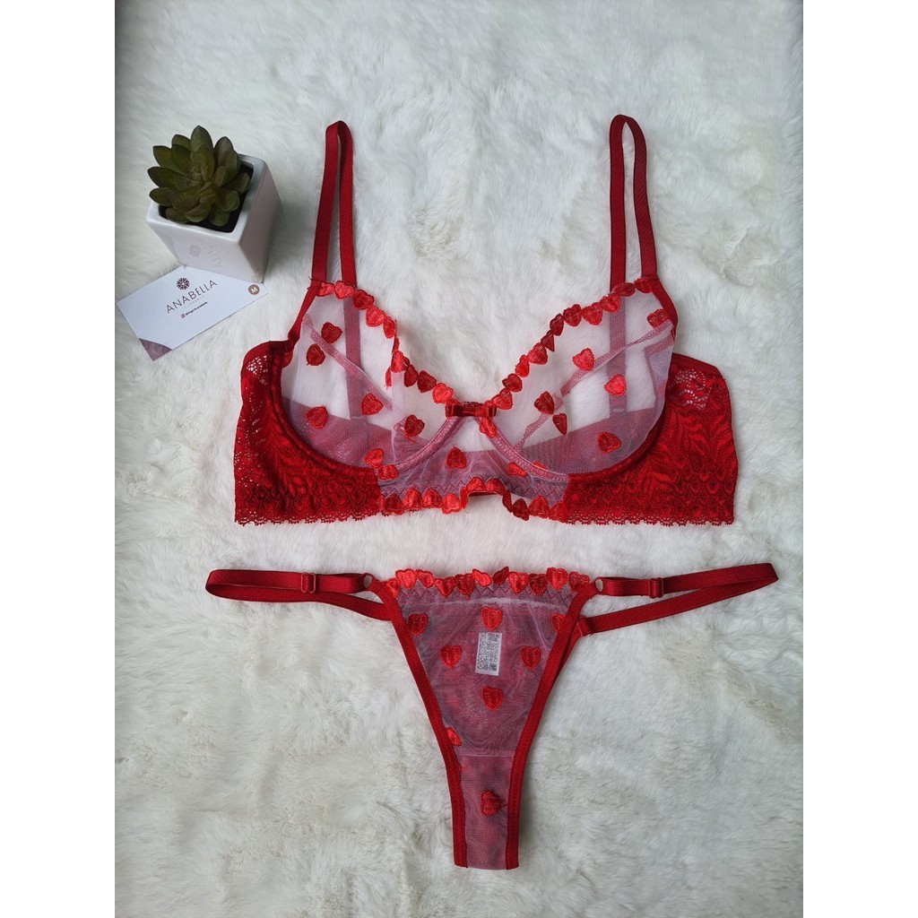 Conjunto lingerie sutiã calcinha fio tule transparente coração bordado