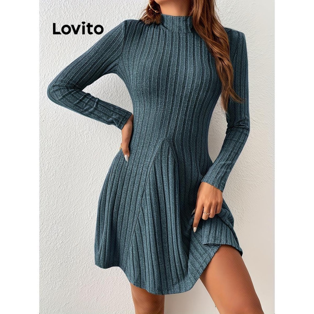 Lovito Vestido Casual Feminino Costura Em Tecido Canelado Liso