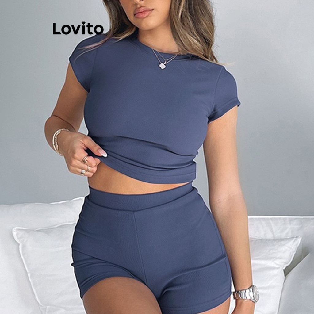 Lovito Conjunto esportivo básico liso esportivo para mulheres LNL58110