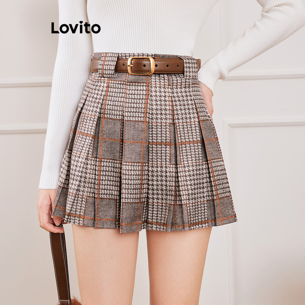 Lovito Saia Plissada Xadrez Preppy Para Mulheres L Ad Shopee Brasil