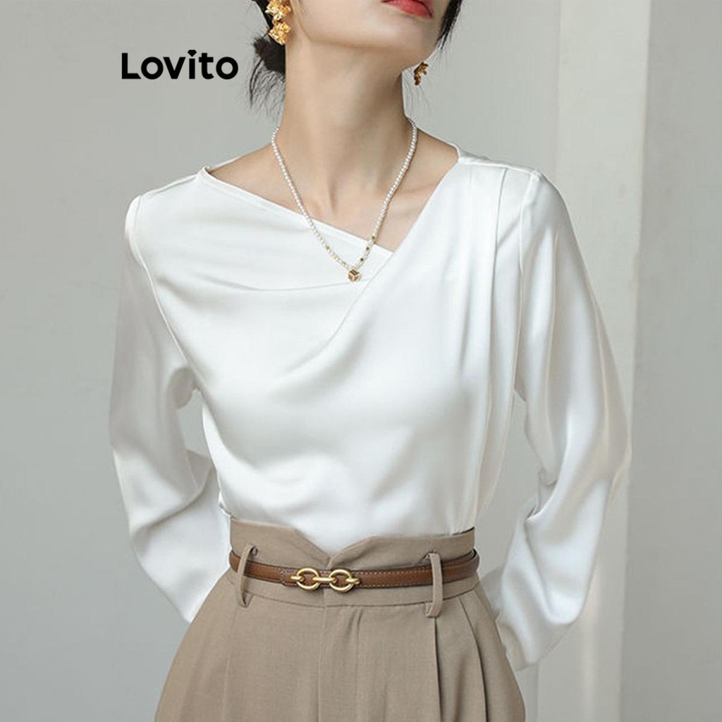 Lovito Blusa Elegante Lisa Assim Trica De Cetim Para Mulheres Lnl