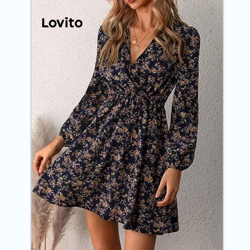 Lovito Vestido Elegante Ditsy Floral Manga Bufante Para Mulheres