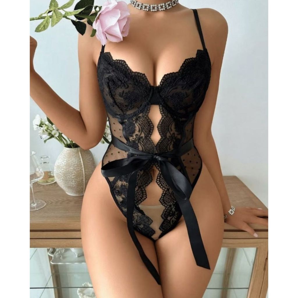 Body Lingerie Em Tule Poa Transparente Renda Sexy Luxo Feminino
