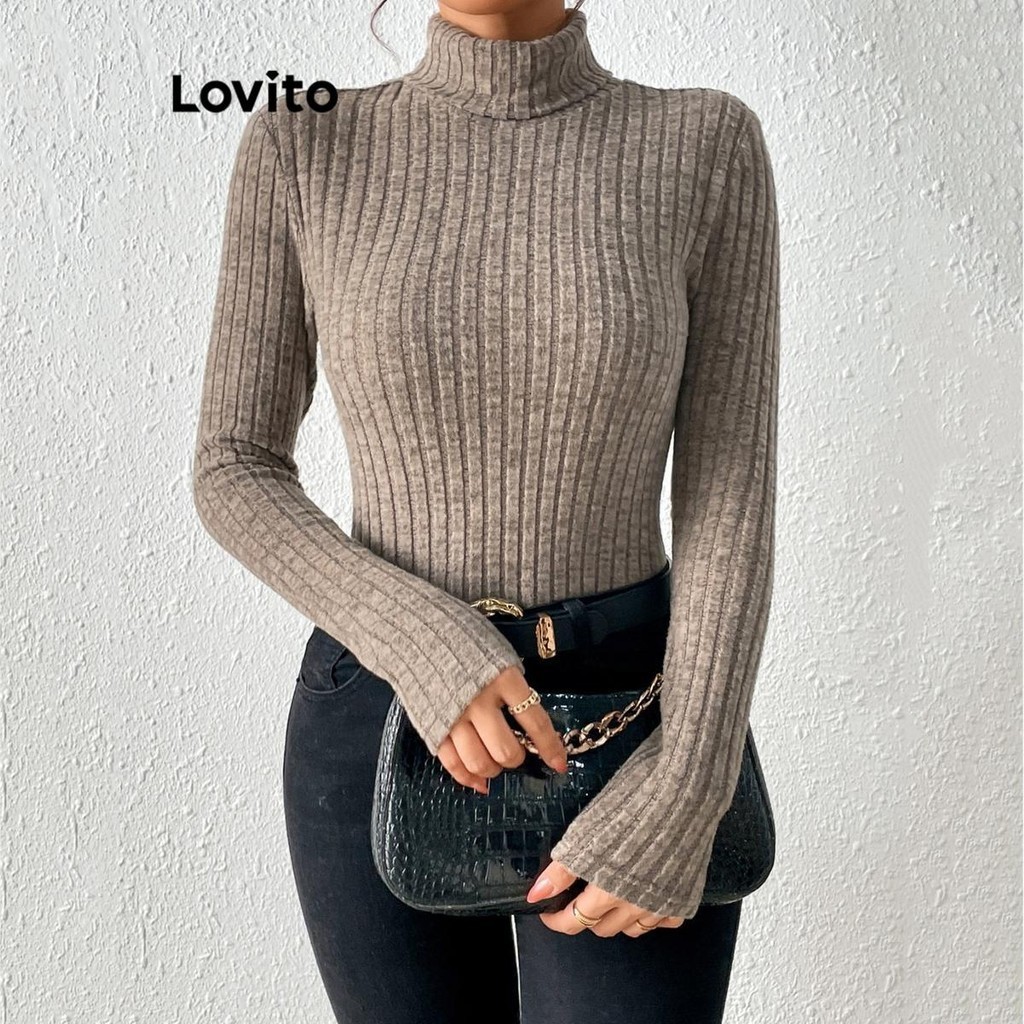 Lovito Camiseta Casual Lisa Meia Gola Alta Para Mulheres Lnl