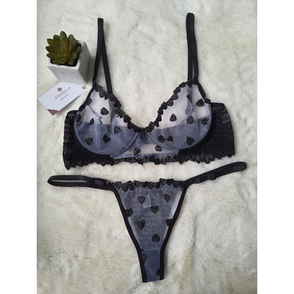 Conjunto lingerie sutiã calcinha fio tule transparente coração bordado