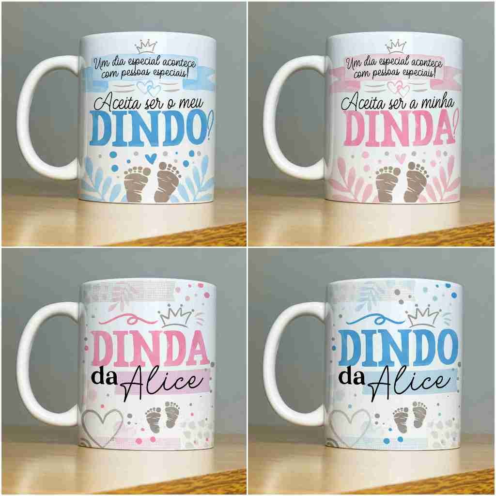 Caneca Personalizada Dinda Dindo Padrinho Madrinha Convite Batizado