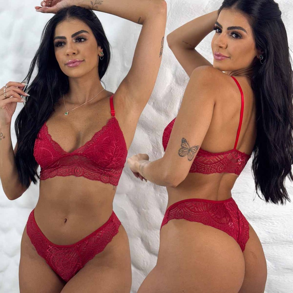 Conjunto De Lingerie Sem Bojo Sem Aro Rendado Calcinha Fio Duplo