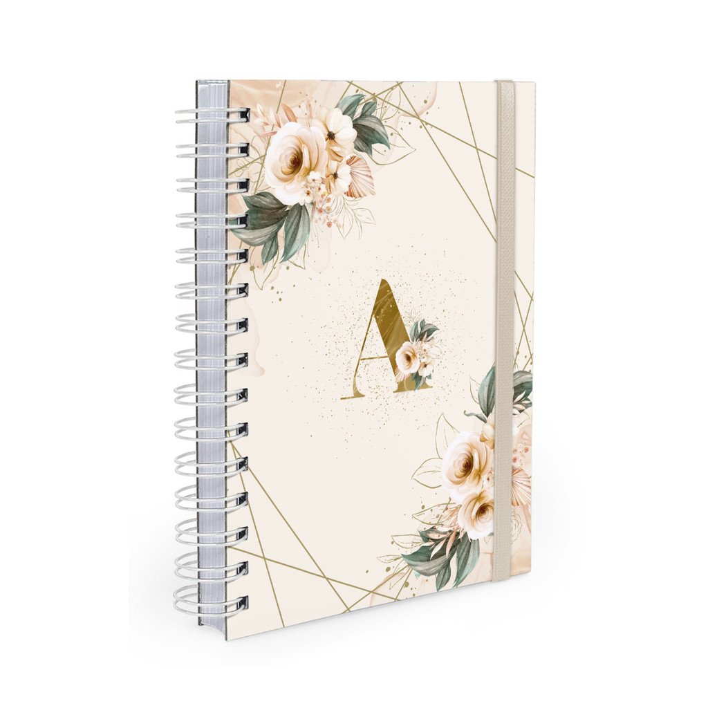 Agenda Planner Dia Por Página Monograma Floral Nude e Dourado