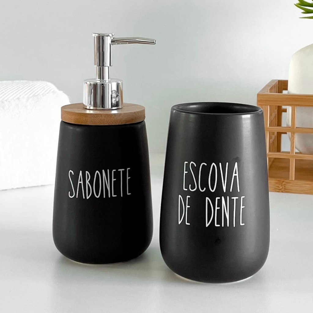 Kit Banheiro Cer Mica Preto Dispenser Sabonete E Escova De Dente Pote