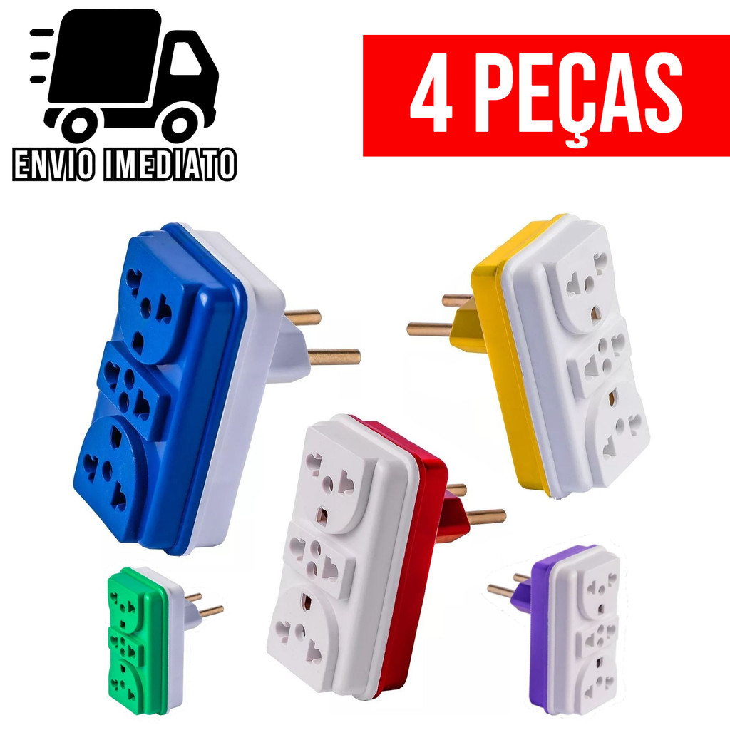 Kit 4 Adaptador De Tomada Benjamin T Colorido Universal 3 Entradas 10A