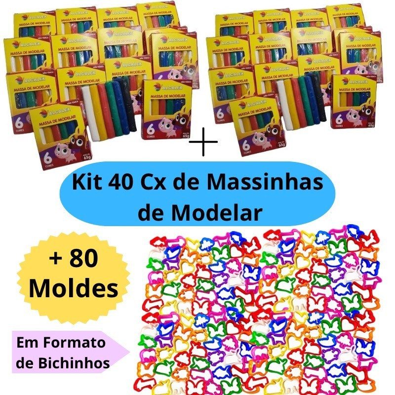 Kit 40 Cx Massinha De Modelar 80 Molde Cortador Kit Festa Infantil