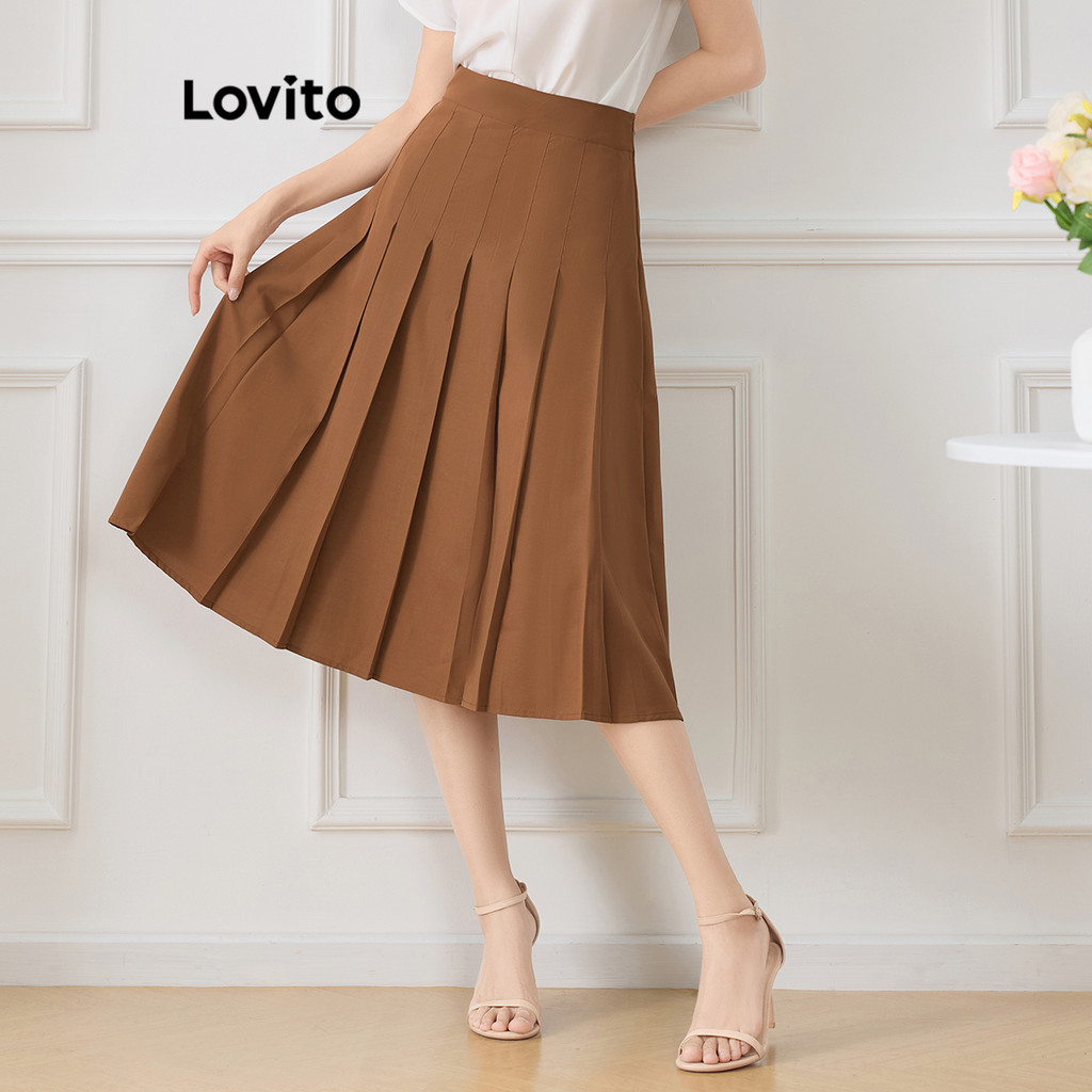 Lovito Saia Plissada Simples Elegante Para Mulheres L Ed Shopee