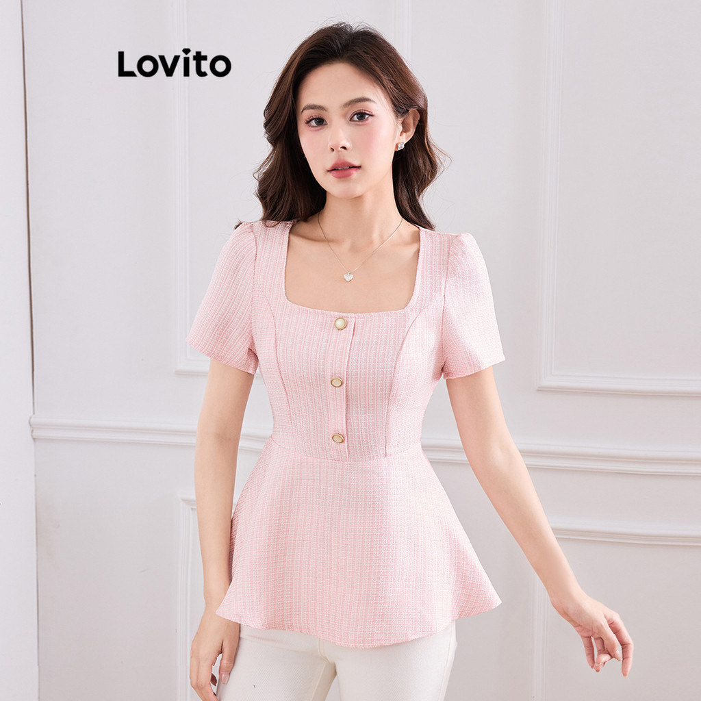 Lovito Blusa Elegante Babados E Bainha Lisa Para Mulheres L Md