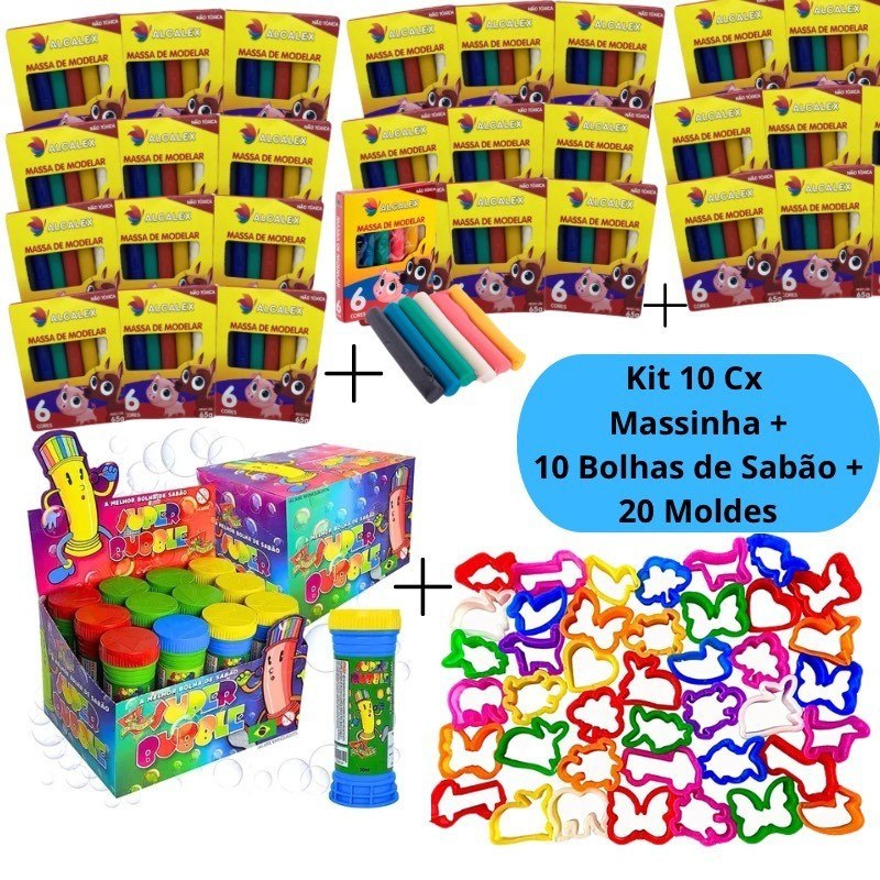 Kit 10 Cx Massinha de Modelar 10 Bolhas de Sabão 20 Molde Kit Festa